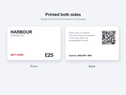 Double-sided printed gift card: front with value, back with QR code, terms and unique card number