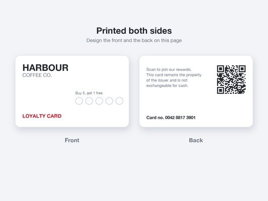 Double-sided printed loyalty card: front with logo and stamp boxes, back with QR code, terms and card number