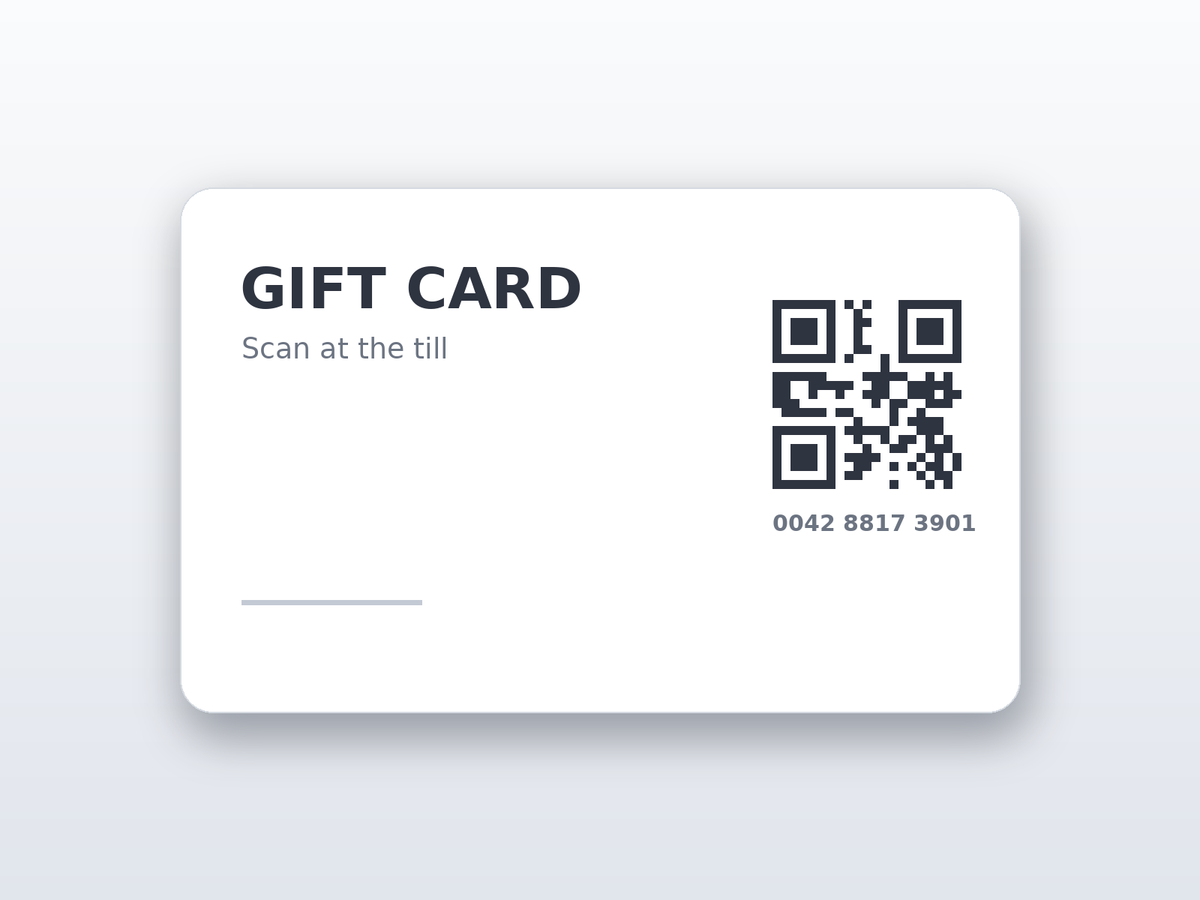 Printed plastic gift card with a scannable QR code and unique number