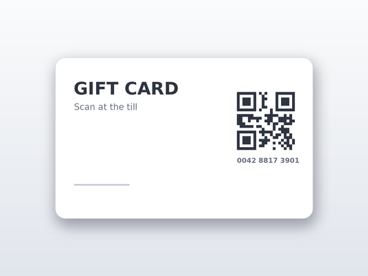 Printed plastic gift card with a scannable QR code and unique number