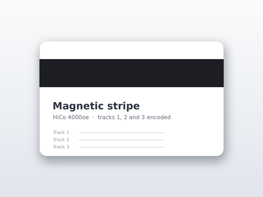 Printed plastic card with a HiCo magnetic stripe, tracks 1 2 and 3 encoded