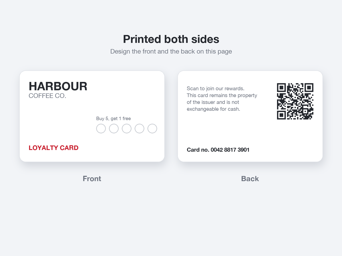 Double-sided printed loyalty card: front with logo and stamp boxes, back with QR code, terms and card number