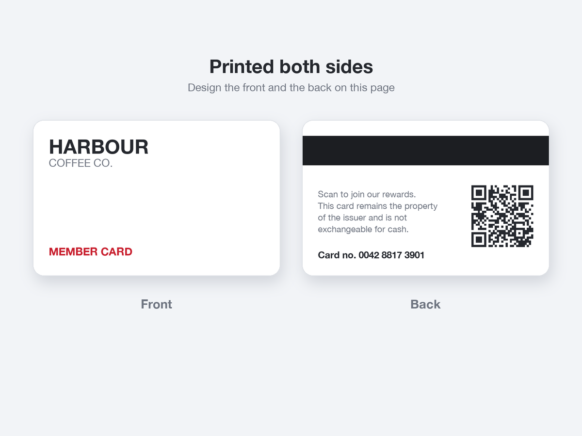 Double-sided magnetic stripe card: printed front, back with magnetic stripe, QR code, terms and card number
