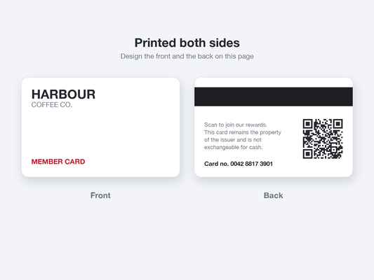 Double-sided magnetic stripe card: printed front, back with magnetic stripe, QR code, terms and card number