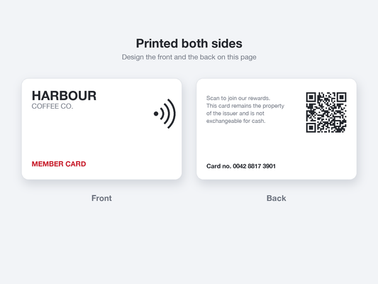 Double-sided NFC contactless card: front with contactless symbol, back with QR code, terms and card number